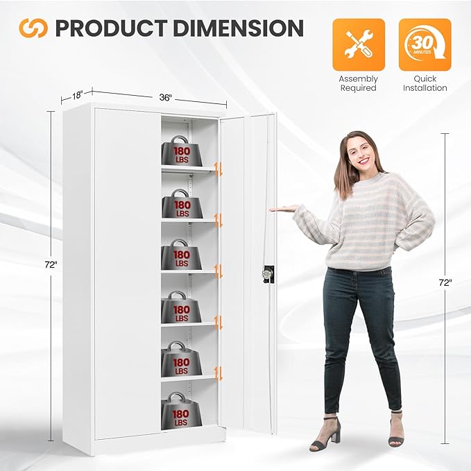 Metal Garage Storage Cabinets with Lock, 72" Tall Tool Cabinet with 2 Door and 5 Adjustable Shelves, Locking Garage Cabinets and Lockable Steel Locker for Home Office Warehouse - (White-72”H)