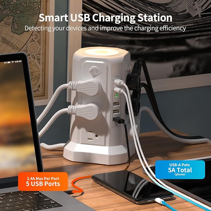 Surge Protector Power Strip Tower with 5 USB Ports and Night Light, 10FT Extension Cord with 12 AC Multiple Outlets, PASSUS Power Tower, Overload Protection for Home Office Dorm Room (White)