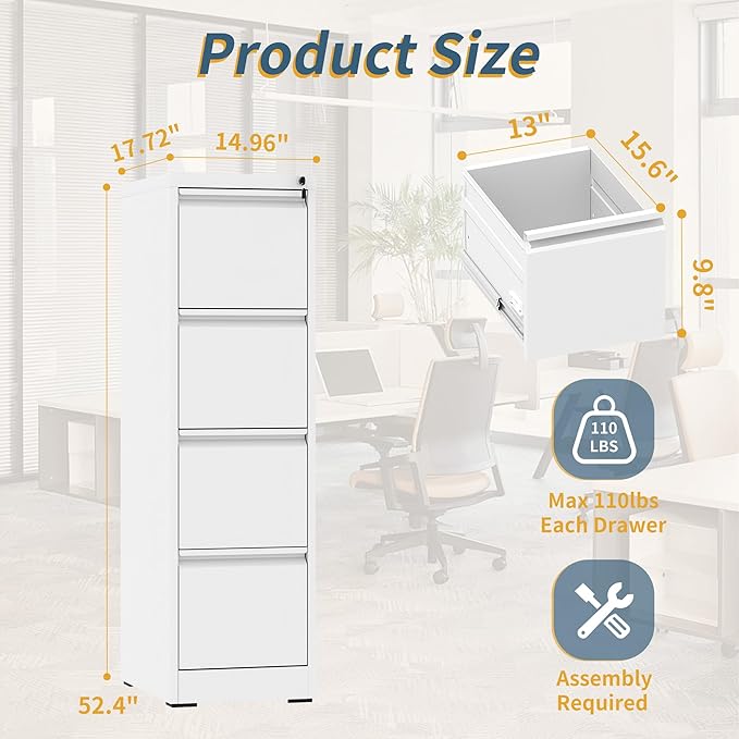 4 Drawer File Cabinet with Lock, Vertical Filing Cabinets for Home Office, Metal Storage Cabinets, Heavy Duty File Cabinet for Letter/Legal/A4/F4 Size Amssebly Required, White