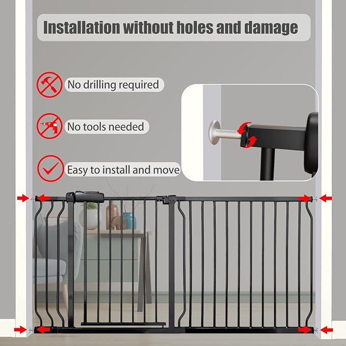 Extra Wide Baby Gate - 43.3-48 Inch Tension Mounted Safety Child & Pet Gate - Black Metal - Walk Through - Long - for House Doorways & Stairs, 30 Inch Tall