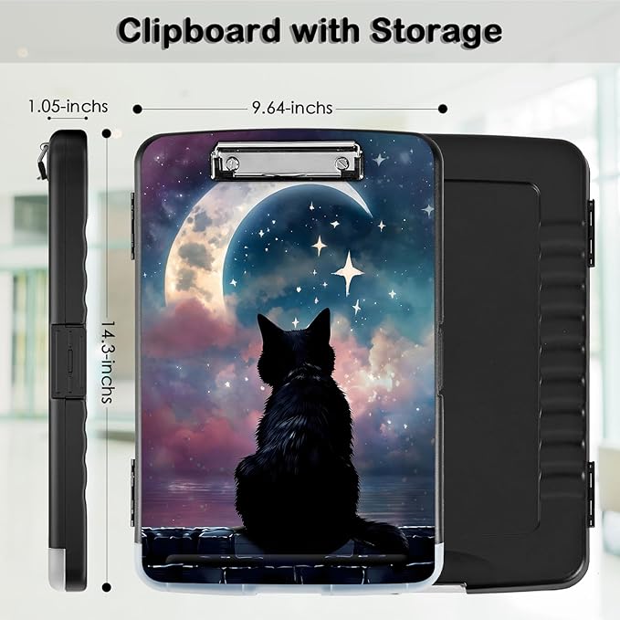 Clipboard with Storage,Office Supplies Nursing Clipboards Folder with Pen Holder Plastic Storage ClipBoard Foldable for Teacher Nurse,Moon Cat
