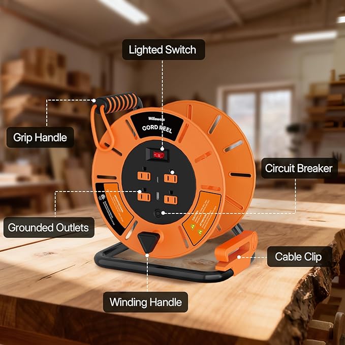 Extension Cord Storage Reel with 4-Grounded Outlet & 2 USB Port, 15A Circuit Breaker, Heavy Duty Open Cord Reel for 12/3,14/3 Gauge Power Cord, Hand Wind Retractable,ETL Listed Orange G85CR06