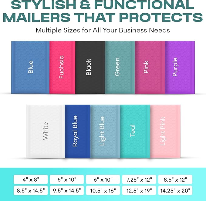 Teal 10.5x16 Inch Large Poly Bubble Mailers #5 | Padded Envelopes with Self Seal | Air Lined Cushioned Bubble Mailer | Usable Size 10.5x15 | 200 Pack Bulk | Lightweight shipping Bags