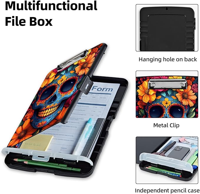 Clipboard with Storage Box & Pen Holder,Heavy Duty Clip Boards 8.5x11 for Nursing,High Capacity,School & Office Supplies,Floral Skull