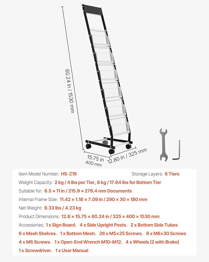 VEVOR Brochure Display Rack, Narrow 6-Tier Magazine Literature Display Stand with Wheels, Metal Floor Standing Magazine Rack, Movable Newspaper Catalog Holders for Shop Exhibitions Office (6 Pockets)