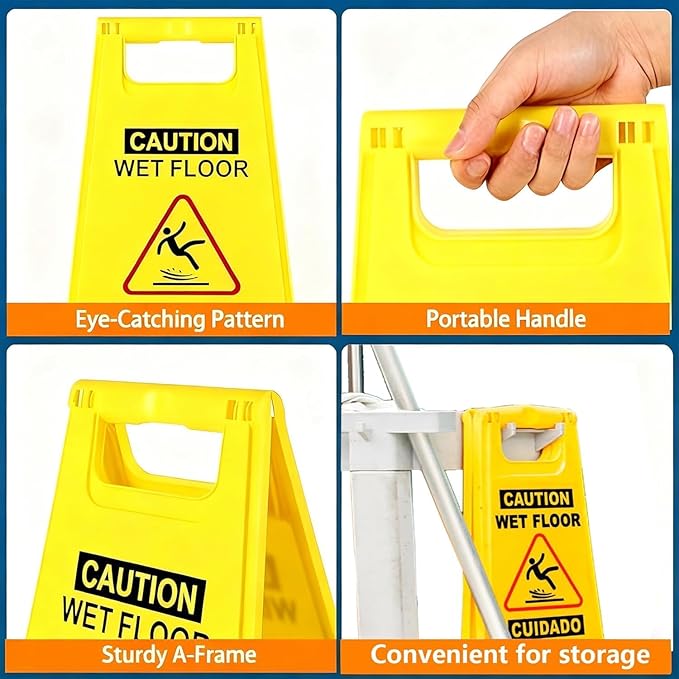2 Pack Caution Wet Floor Sign, 24" Height, Bright Yellow, Double-Sided A-Frame Safety Caution Sign Commercial, Bilingual Caution Message