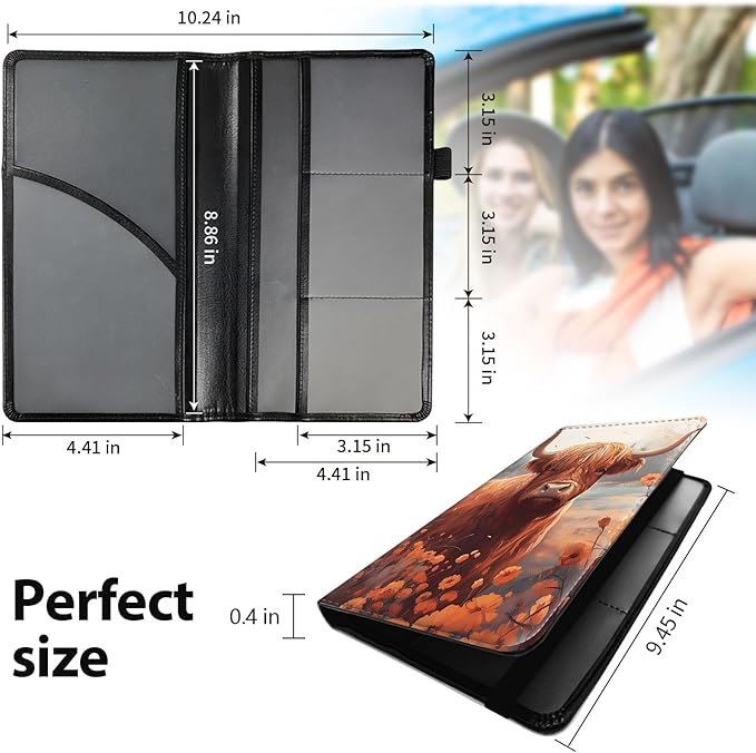 Car Registration and Insurance Holder, Leather Car Glove Box Organizer, Cool Car Accessories for ID, Driver's License Cards & Essential Document,business cards,Men&Women,Cow Sunflowers