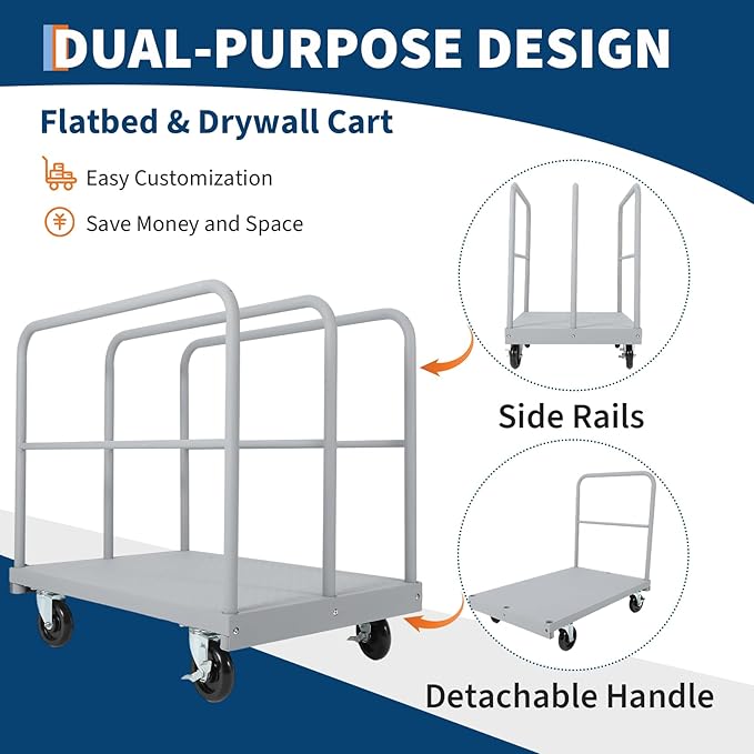 2 in 1 Steel Panel Truck Cart, 36x24 inch Flatbed with 2200 LBS Capacity, Heavy Duty Drywall Dolly with 3 Removable Side Handrails & 360 Swivel Wheels, Industrial Grade Platform Truck