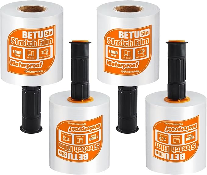Stretch Film Shrink Wrap for Moving Supplies (5inch, 4 Pack) x 1000ft, Industrial Strength Plastic Wrap Stretch Roll for Pallet Wrapping Shipping Moving Boxes Storage Furniture with Handles, Clear