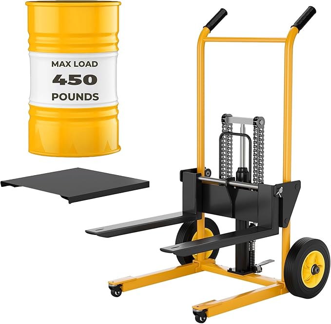 Foldable Hydraulic Lift Dolly, 450LBS 36" Pallet Stacker, 2-in-1 Hand Truck & Flatbed Cart, Adjustable Forks, 10" Rubber Wheels, Foot Pump, for Warehouse Garage Workshop