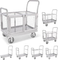 Upgrade Platform Truck with Cage, Mutipurpose 7-in-1 Heavy-Duty Utility Cart,2-Door Design Foldable Flatbed Cart with Industrail Wheels, Rmovable Fence, Load 2000lbs for Grocery/Laundry/Stall/Storage