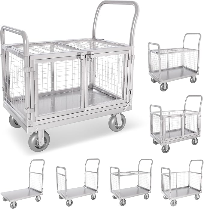 Upgrade Platform Truck with Cage, Mutipurpose 7-in-1 Heavy-Duty Utility Cart,2-Door Design Foldable Flatbed Cart with Industrail Wheels, Rmovable Fence, Load 2000lbs for Grocery/Laundry/Stall/Storage