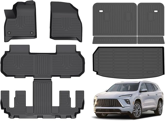 Hutisya-Floor Mats & Cargo Liner with Backrest Set Fit for Buick Enclave 2025 2026/Acadia & Acadia Denali/Chevy Traverse(7seats) 2024-2026 All Weather Protection TPE Full Set Liners -Black