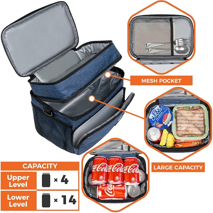 opux Insulated Lunch Bag for Men Women, Large Dual Compartment Cooler Bag, Soft Two Deck Lunch Box for Work School Picnic, Leakproof Lunch Tote with Shoulder Strap for Kid Adult (Navy, Double Deck)