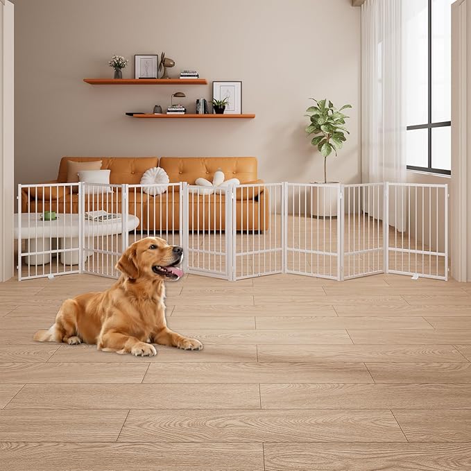 8 Panels Full Metal Freestanding Dog Gates with Door, 160” W x 32” H Folding Pet Gate Fence with Support Feet for Indoor,Stairs, Hallways and Doorways(White)