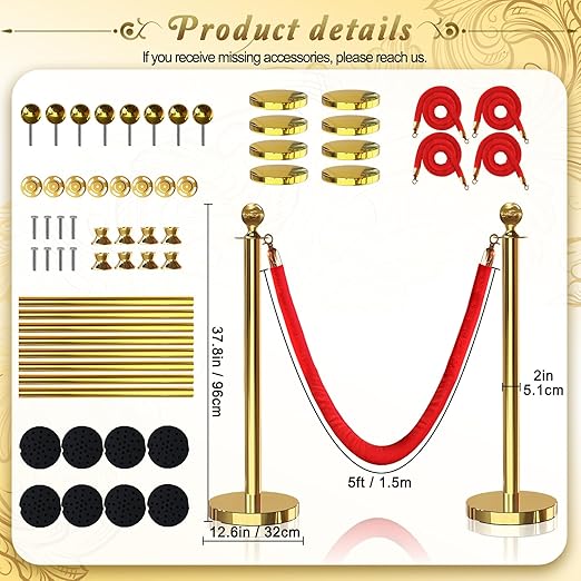 8PCS Gold Stanchions Posts with 4PCS 5 ft Red Velvet Rope, Red Velvet Rope Stanchion Set Crowd Control Barriers, Stanchions and Velvet Ropes Red Carpet Poles for Party Supplies