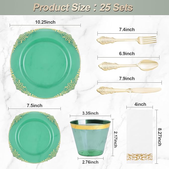 175PCS Clear Green Plastic Plates for 25 Guests, Disposable Plates with Gold Trim include 50 Dinner Plates, 75 Gold Silverware, 25 Cups, 25 Napkins for Party, Wedding and Graduation