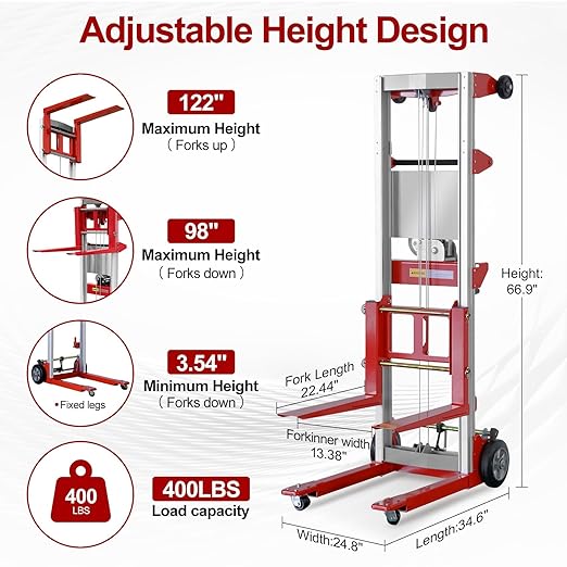 122" 400lbs Material Lift Winch Stacker with Upgrade Effortless Winch, Hand Winch Lift Truck with Fixed-Leg, Manual Material Lifter Pallet Stacker for Contractor, Workshop, Industrial, Red