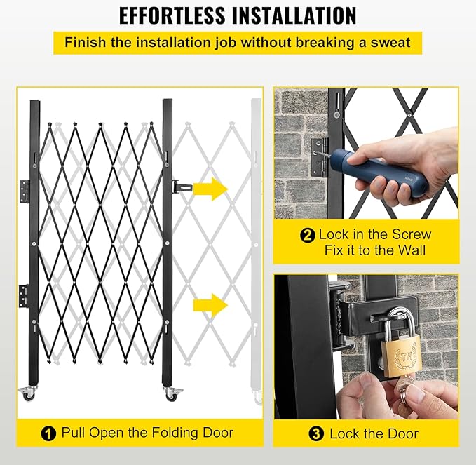 VEVOR Folding Security Door, 63.39" H x 70" W Accordion Gate, Steel, 360 Rolling Barricade, Scissor Gate/Door with Padlock