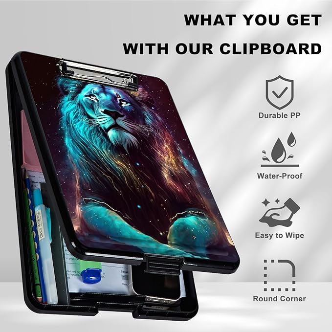 Clipboard with Storage,Plastic Storage Clipboard with Low Profile Clip, Heavy Duty Nursing Clipboards Foldable,Coaches Clipboard Case for Work, Teacher,Office School Supplies,Cool Lion