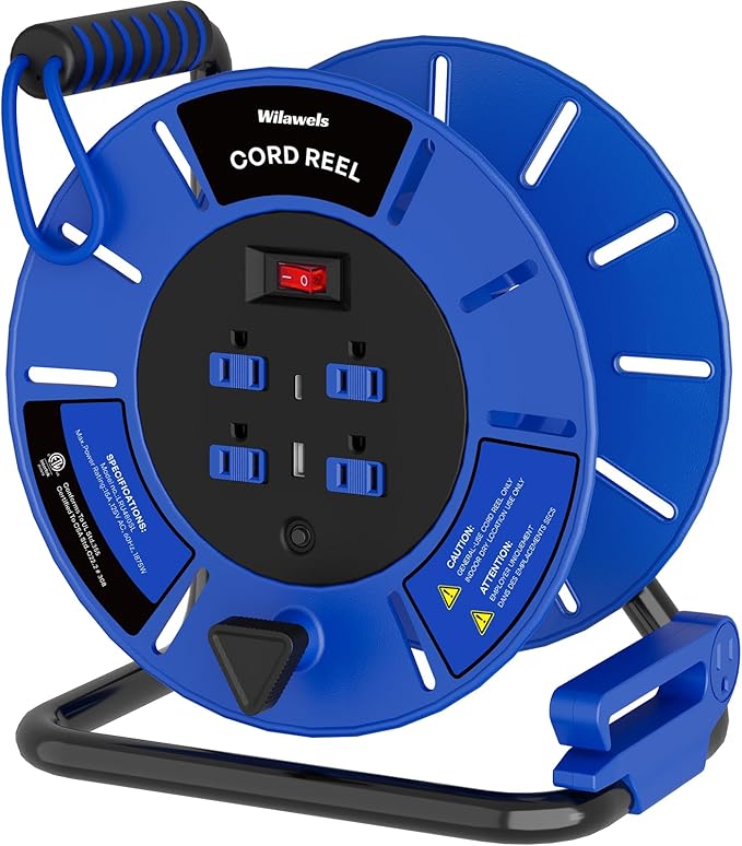 Extension Cord Storage Reel with 4-Grounded Outlet & 2 USB Port, 15A Circuit Breaker, Heavy Duty Open Cord Reel for 12/3,14/3 Gauge Power Cord, Hand Wind Retractable, ETL Listed Blue U85CR06