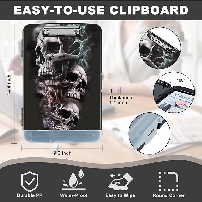 Clipboard with Storage,Heavy Duty Plastic Storage Clipboard with Low Profile Clip,Teacher Must Haves,Office Supplies,Skull/Black