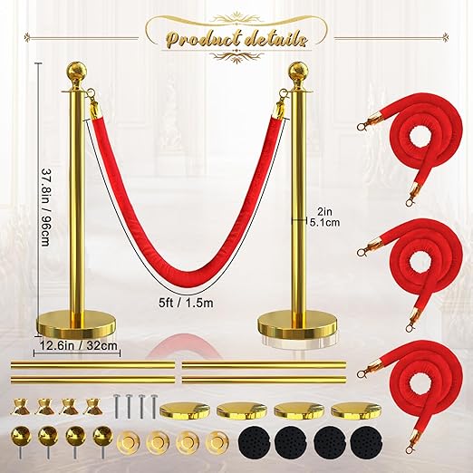 4Pcs Gold Stanchion Post Queue Velvet Ropes and Posts with Soild Base and 3pcs 5 Ft Red Velvet Ropes Carpet Ropes Posts Stanchion Set Crowd Control Barriers for Party Supplies
