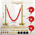 4Pcs Gold Stanchion Post Queue Velvet Ropes and Posts with Soild Base and 3pcs 5 Ft Red Velvet Ropes Carpet Ropes Posts Stanchion Set Crowd Control Barriers for Party Supplies