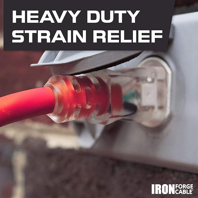 Iron Forge Cable 50 ft Lighted Outdoor Extension Cord - 12/3 SJTW Heavy Duty Red Extension Cable with 3 Prong 15 AMP Grounded Plug for Safety
