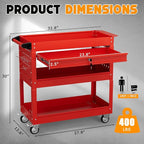 3 Tier Tool Cart on Wheels with Drawers - Three Tier Rolling Cart with Lockable Storage - Mechanic Tool Chest - Tool Chest with Wheels Used in Garage, Indoors, Workshop (Red)