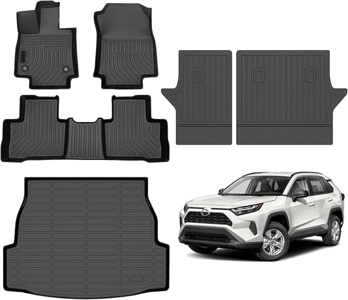 Hutisya-Floor Mats & Cargo Liner with Backrest Set Fit for Toyota RAV4 2019-2024 2025(Only Hybrid Models) All Weather Protection Anti-Slip & Durable TPE Full Set Liners Automotive Accessories-Black