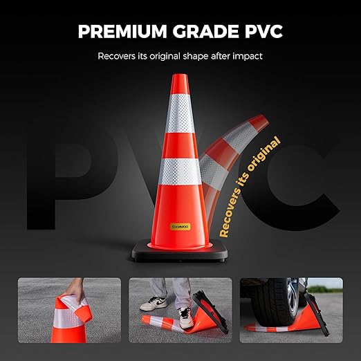10 Pack 28 Inch Traffic Cones with Black Base, from -22℉ to 131℉, MUTCD-Compliant Orange Safety Cone with Reflective Collar ＆ Extra Caution Tape for Parking Lot, Construction Work, Road Safety