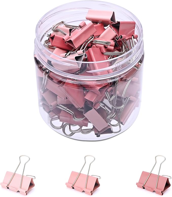 Temiary Aesthetic Binder Clips, 60 Pcs 0.6 Inches Small Metal Binder Clip with Clear Storage Container, Binding Paperwork Clamps for School Teachers Office Supplies (Pink)