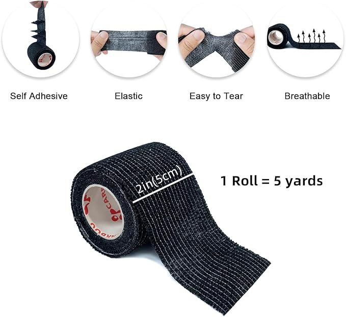 [24Pack 2" x5 Yards] Carbou-Self Adhesive Bandages Sports Wrap, Athletic Elastic Cohesive Bandage for Sports, Injuries, Treatments, and Recovery, First Aid Tape Vet Wrap for Cat, Dog Black