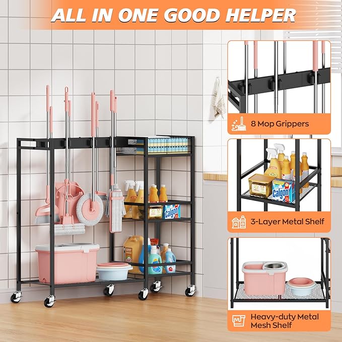 Broom and Mop Holder, MUNNAR Broom Storage Holder with Cleaning Supplies Organizer, 2-in-1 Broom Mop and Cleaning Supplies Storage Cleaning Cart, Cleaning Cart with Wheels for Housekeeping