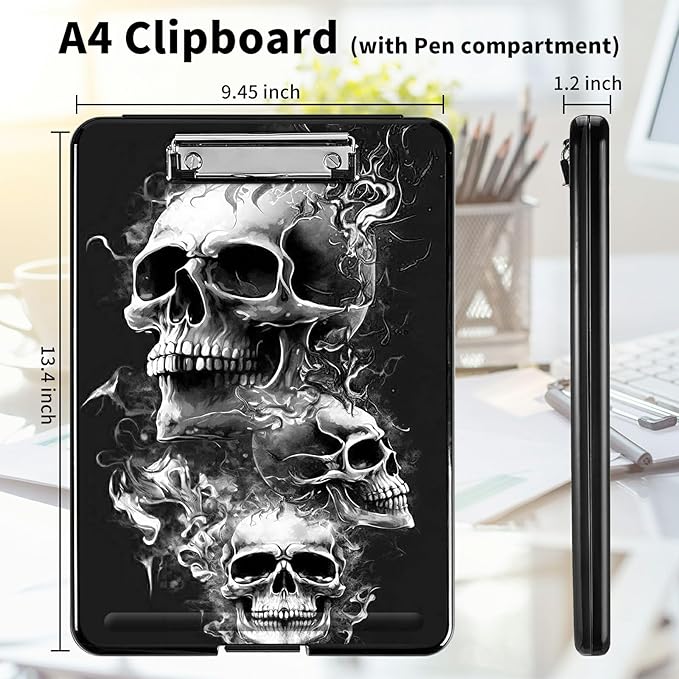 A4 Clipboards,Heavy Duty Waterproof Nursing Plastic Folder Clipboard with Storage Clip Boards,File Folder Storage Box Clipboard Case for Teacher,Doctor,Offices,Skull