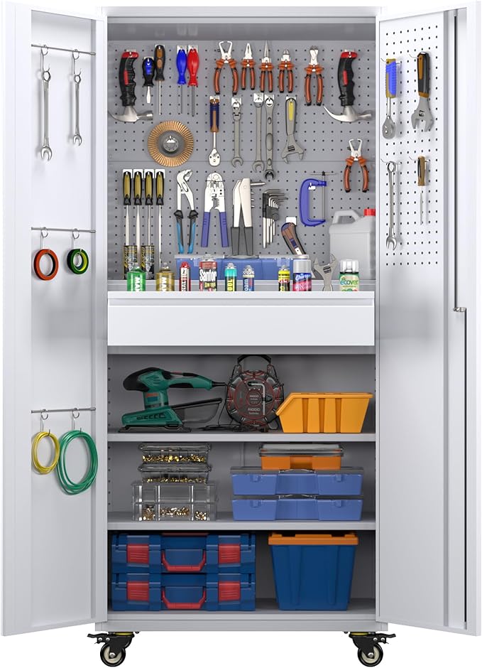 Metal Storage Cabinet with Drawers, Locking Garage Tool Cabinets on Wheels with Pegboards and Hooks for Warehouse Homes, Offices, Assembly Required(Grey&White)