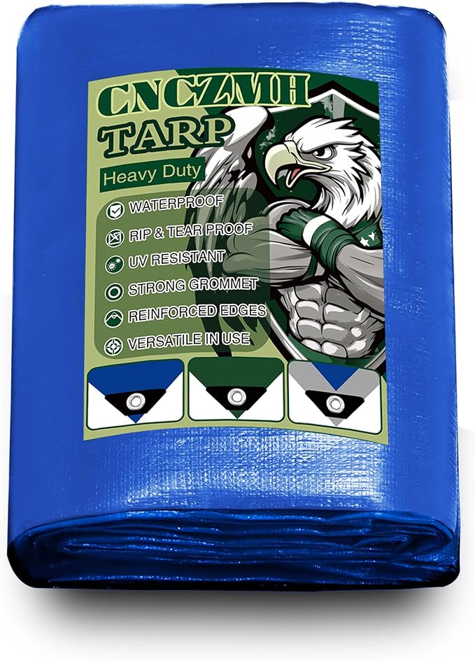 Tarp Heavy Duty Waterproof 10x10 Feet, 10 Mil Thick Blue Poly Tarps Outdoor, Metal Grommets, Reinforced Edges, Multipurpose Tarpaulin Protective Cover for Camping, Boat, Swimming Pools,