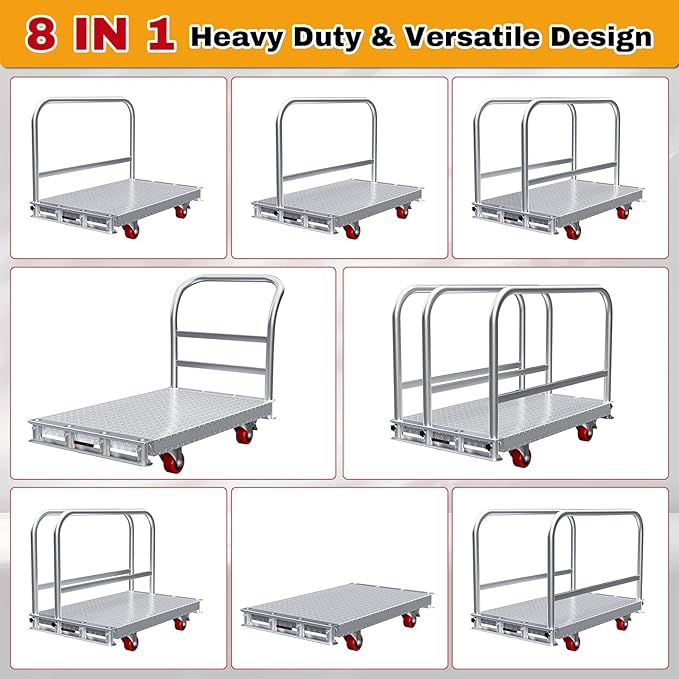 2IN1 Steel Panel Cart Dolly – Heavy Duty Drywall Lumber Truck Cart with 3000 LBS Capacity, 44 x 28 Inch 2.2MM Steel Plate, 6" Swivel Brake Wheels, 1 Front & 3 Side Handrails (XL)