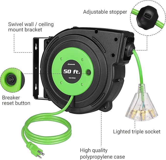 DEWENWILS Retractable Cord Reel, 50FT Extension Cord Reel, 14AWG/3C SJTOW, Grounded Outlets Lighted Triple Tap, 13 Amp Circuit Breaker, Wall/Ceiling Mountable, UL Listed
