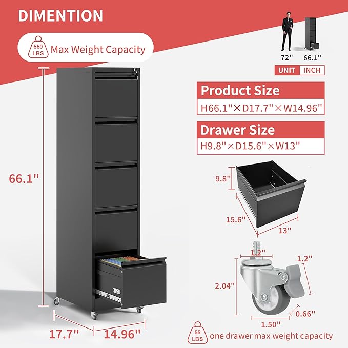 5 Drawer Locking File Cabinet with Wheels,Metal Mobile Filing Cabinets,Black Rolling File Cabinet for Home Office,Heavy Duty Storage Cabinet for A4/Letter/Legal Size File,Assembly Required