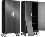 61" H Metal Garage Storage Cabinet, Rolling Tool Cabinet with 2 Doors and Wheels, Locker Steel Cabinet with 3 Adjustable Shelves, Organization Cabinet for Garage,Office,Home,Gym,School（Black）