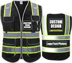 BeautyWill ANSI Certified Custom Logo Safety Vest 8-Pockets Class2 High Visibility Reflective Vest for Men - Personalized Logo Heavy-Duty Work Vest（Black，L）