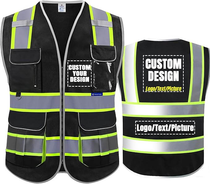 BeautyWill ANSI Certified Custom Logo Safety Vest 8-Pockets Class2 High Visibility Reflective Vest for Men - Personalized Logo Heavy-Duty Work Vest（Black，XL）
