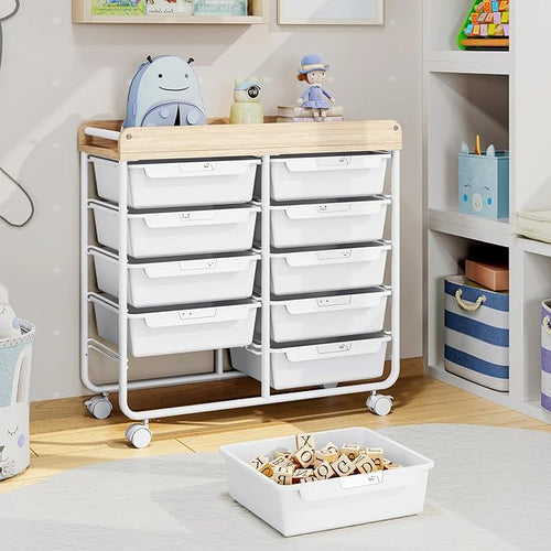 10 Drawers Rolling Cart with Wooden Tabletop, Utility Storage Cart with Wheels, Art Supply Craft Organizer on Wheel with Metal Frame & Handles for Home Office School (Pure White)