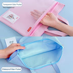 Pendancy Mesh Zipper Pouch 11x13.7 in, 2 pcs Large Double Pocket Waterproof File Bag with Handle, A4 Size Foldable Document Storage for Puzzle Project/Cross Stitch/Travel/Office（Gray Blue）