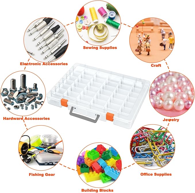 Bluedale 2 Pack 48 Grids Large Plastic Organizer Box with Adjustable Dividers, Beads Storage Containers Compartment Tackle Box Case for Crafts Hobby Small Parts Fishing Seeds Jewelry (Transparent)