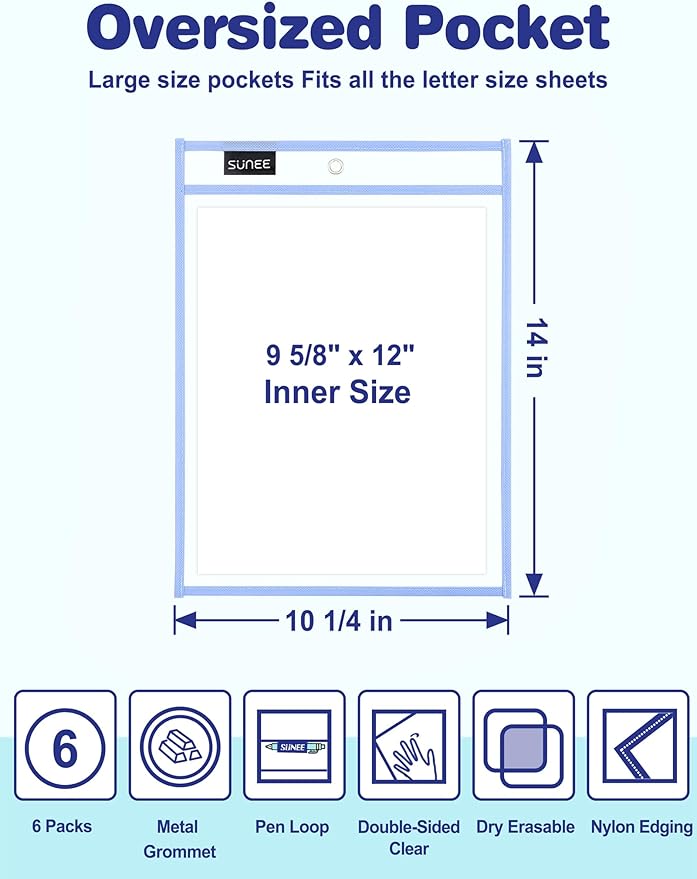 SUNEE 6 Packs Oversized Reusable Dry Erase Pocket Sleeves with Binder Ring, 6 Morandi Colors 10x14 Ticket Holders, Clear Plastic Sheet Protectors, Teacher School Classroom Supplies
