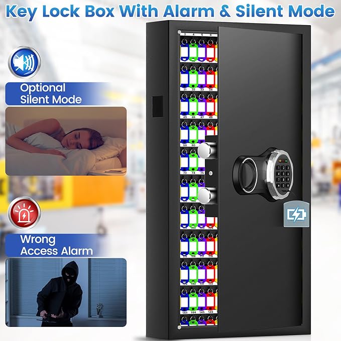 254 Keys Digital Key Lock Box Wall Mount with Code, Heavy Duty Anti-Theft Key Lock Box with Side Drop Slot and Colorful Key Tags for Car Garage House Rental Office
