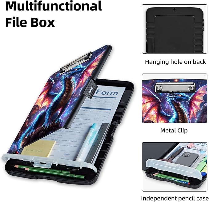 Clipboard with Storage Box & Pen Holder,Heavy Duty Clip Boards 8.5x11 for Nursing,High Capacity,School & Office Supplies,Galactic Dragon